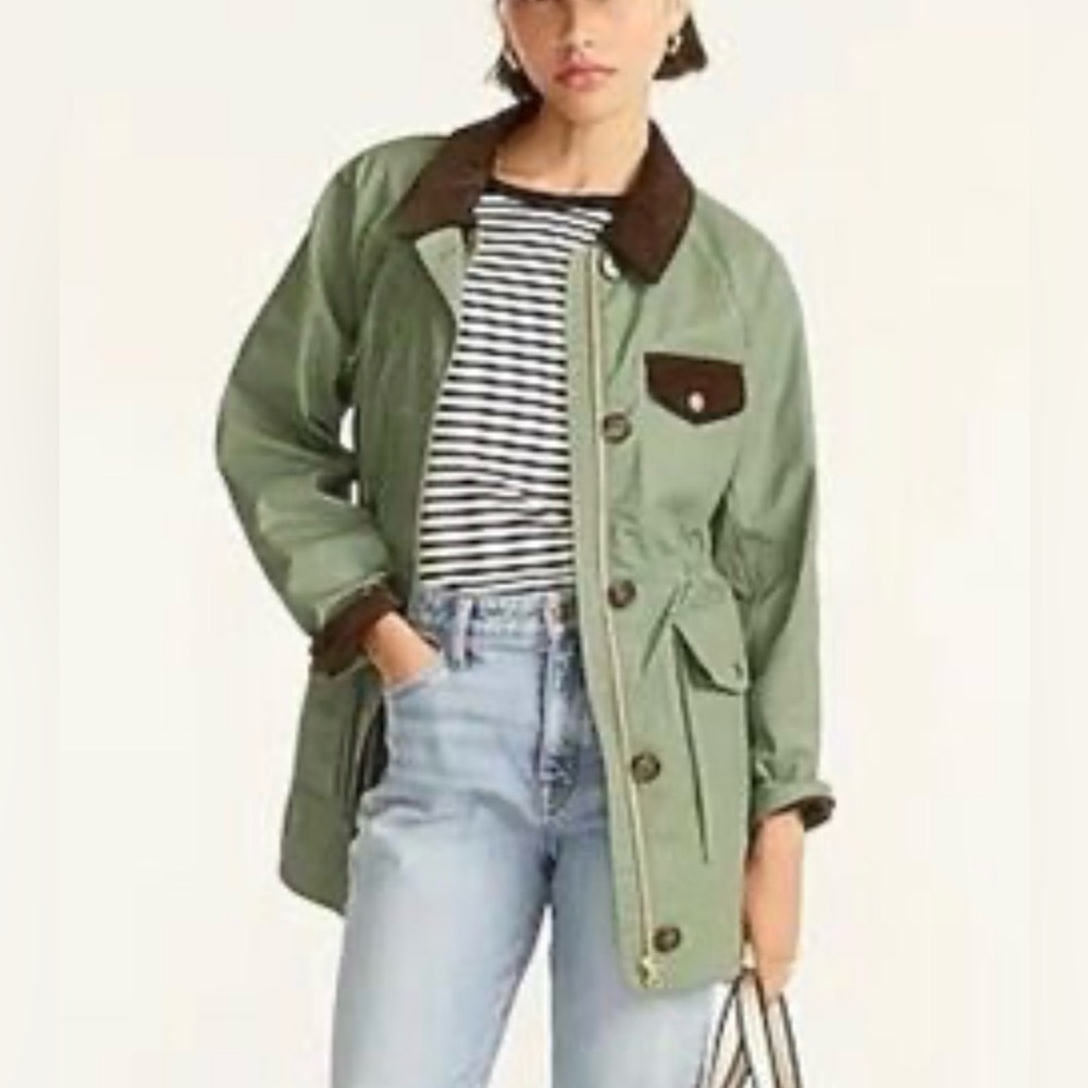 J. Crew Olive Green Utility Barn Jacket with Dark Brown Contrast
